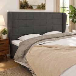 Dark Grey Fabric Headboard with Ears and Wooden Legs