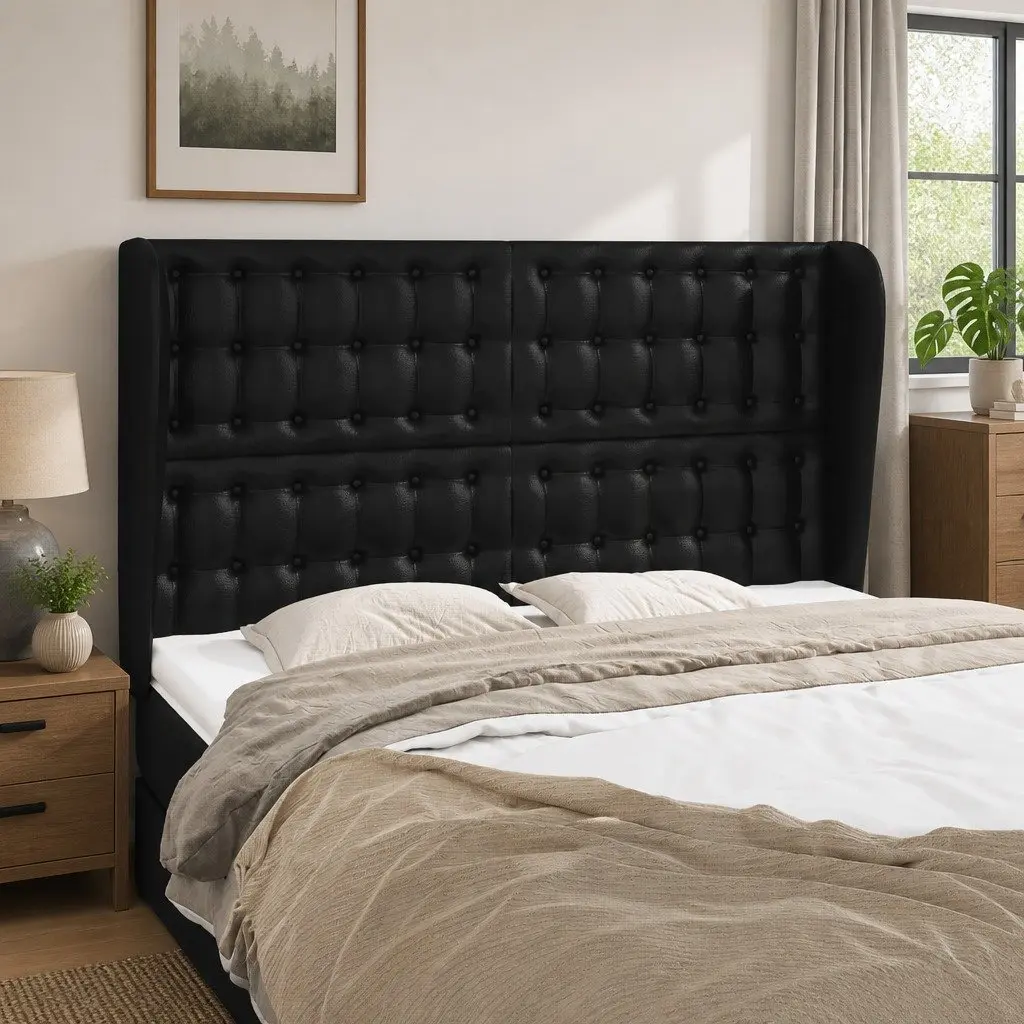 Headboard Faux Leather Black with Ears Adjustable Height Wooden Legs Bed Support