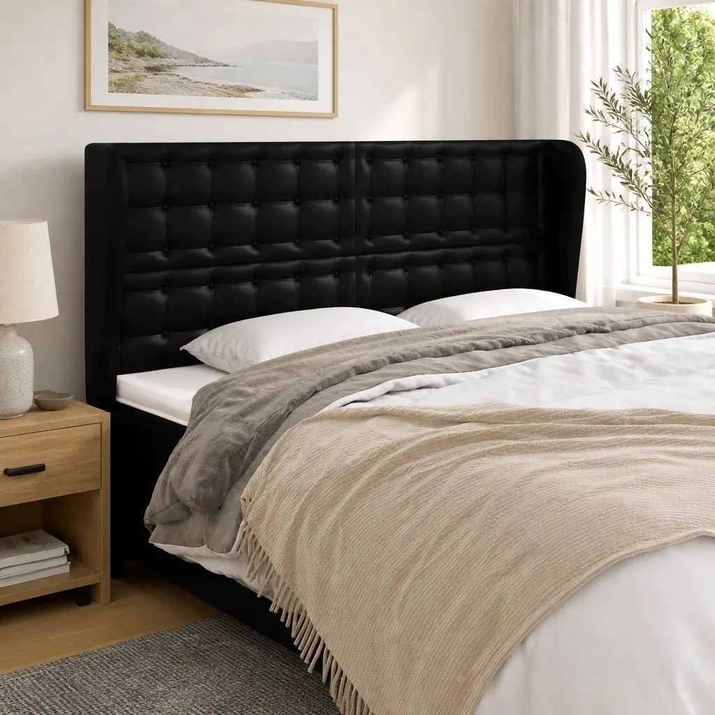 Headboard with Ears Black 163cm Faux Leather Bed Head Rest