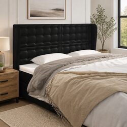 Black Faux Leather Headboard with Ears 203cm