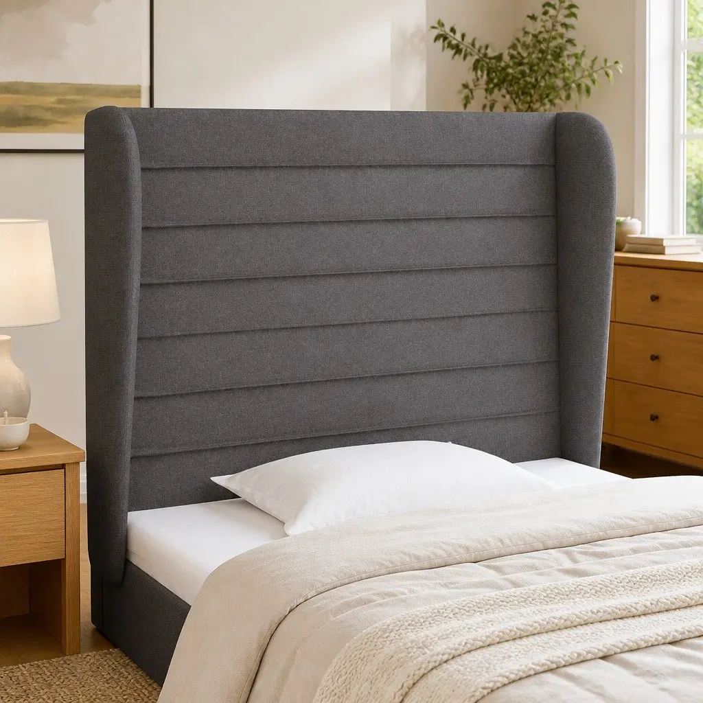 Headboard with Ears Grey Fabric 83cm Adjustable Height Wooden Legs