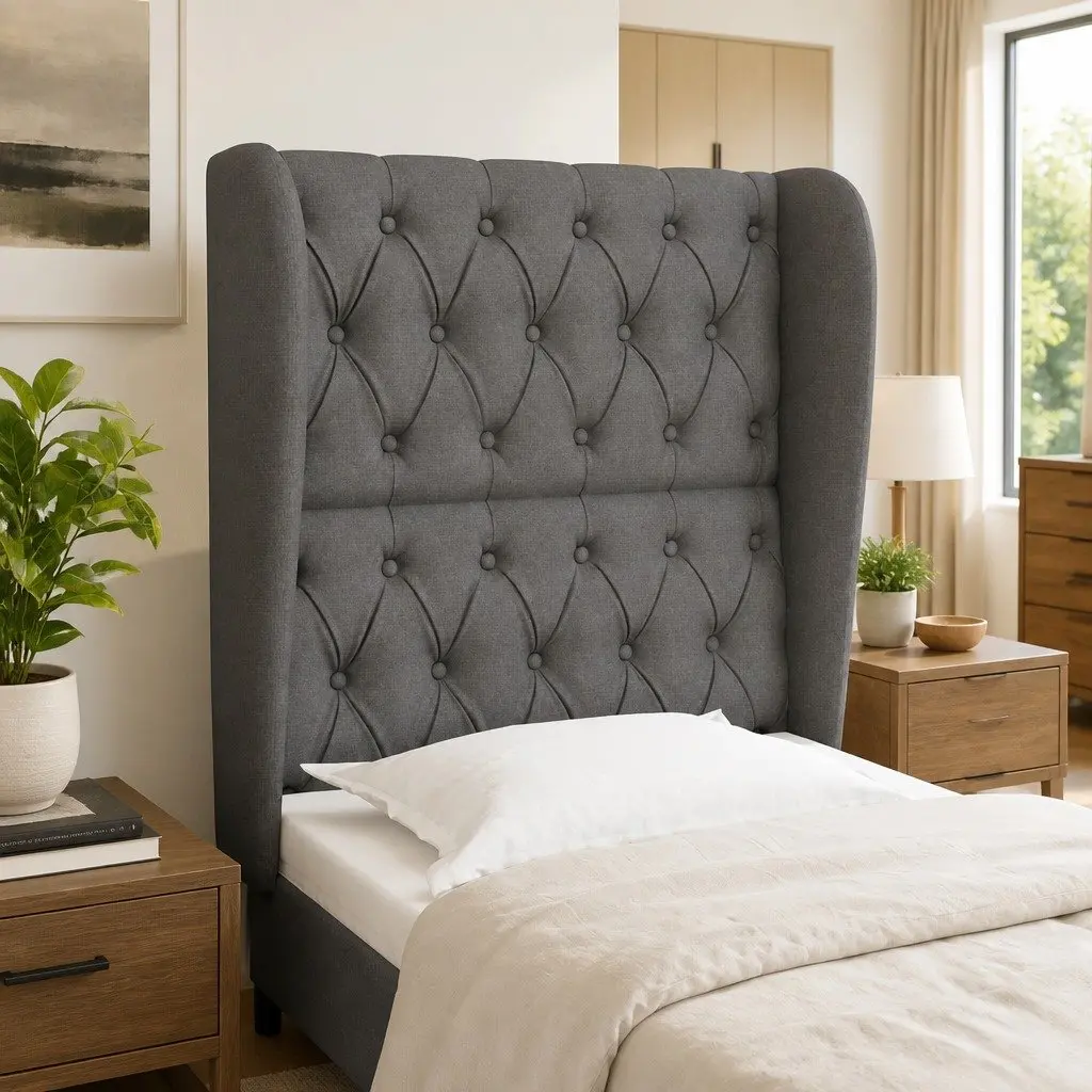 Grey Fabric Headboard with Ears and Adjustable Height