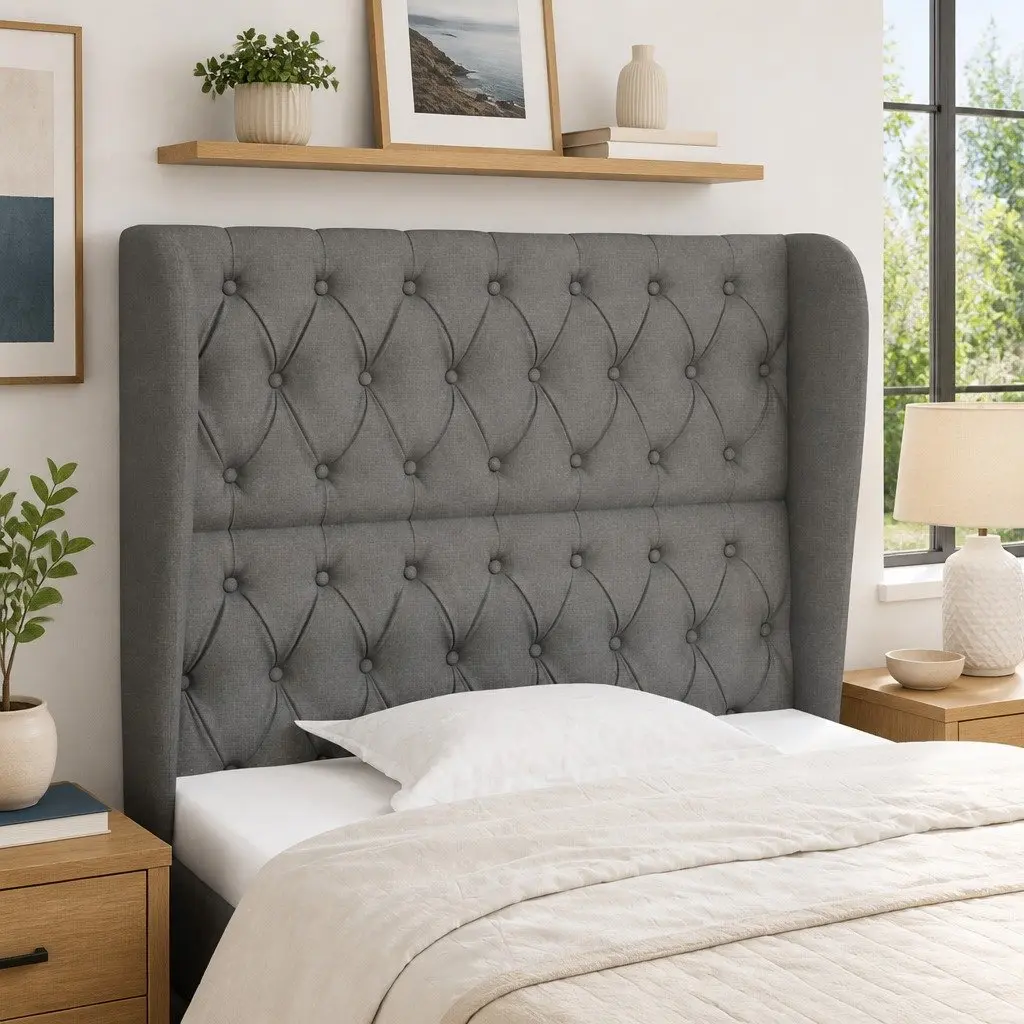 Adjustable Height Dark Grey Fabric Headboard with Ears