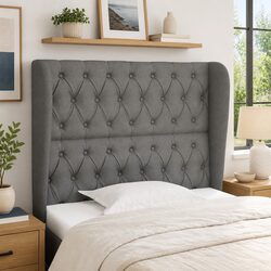 Adjustable Height Dark Grey Fabric Headboard with Ears