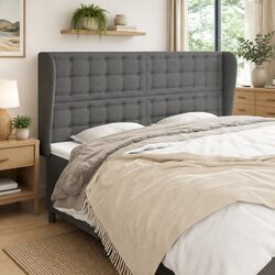 Dark Grey Fabric Headboard with Ears and Wooden Legs