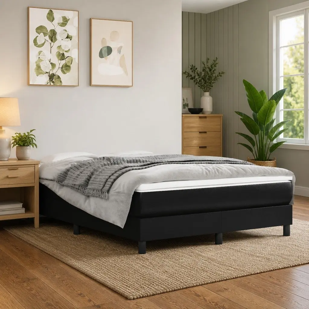 Queen Black Faux Leather Box Spring Bed Frame