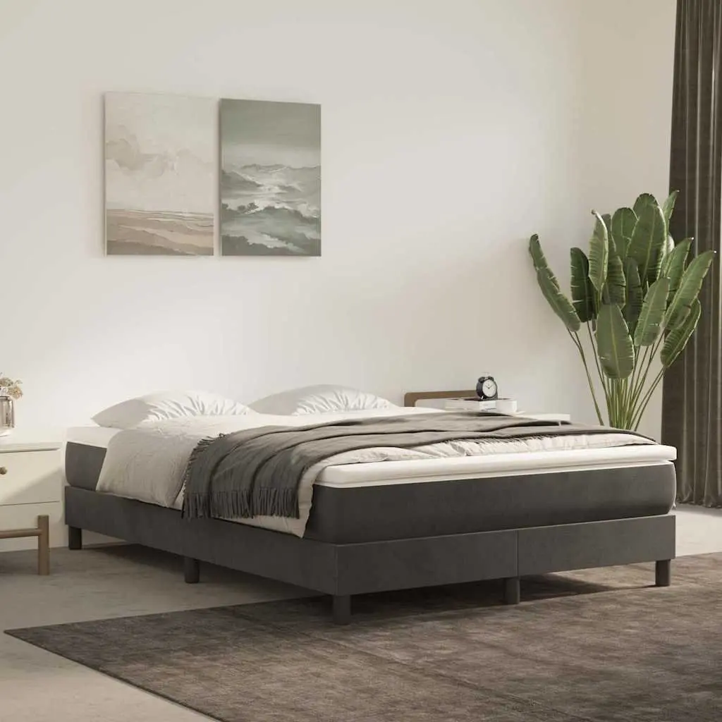 Box Spring Bed Frame Grey Velvet Upholstery Double Plywood Slats Sturdy Legs