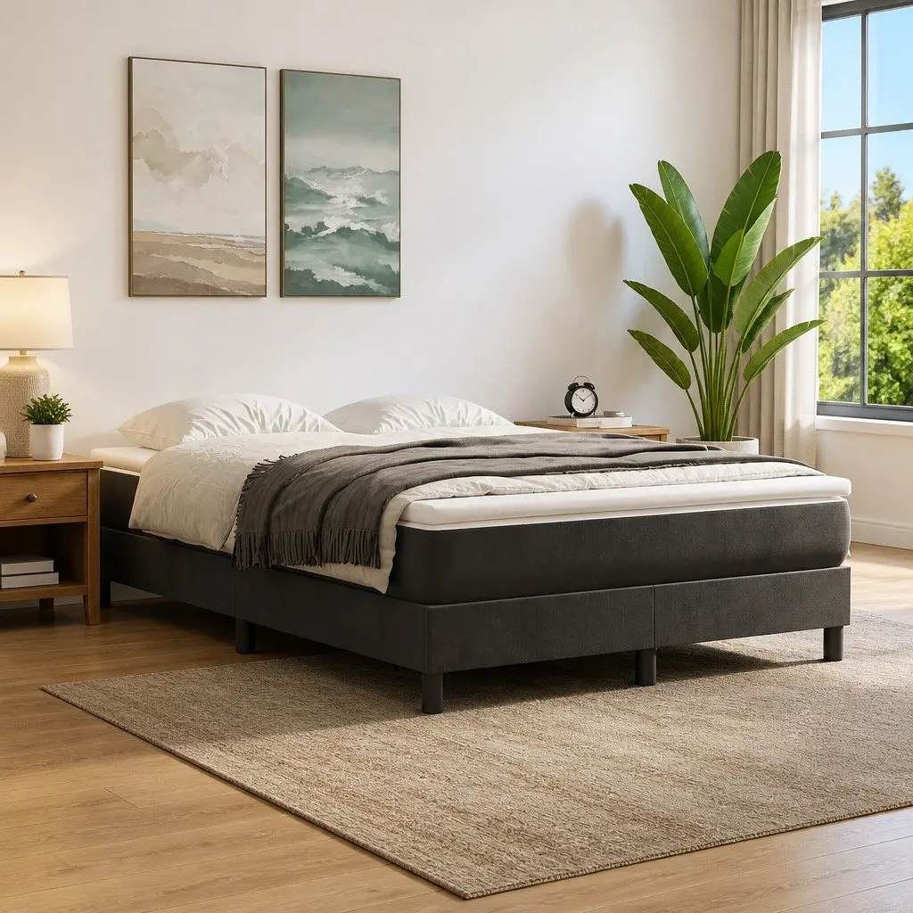 Queen Size Grey Velvet Upholstered Box Spring Bed Frame