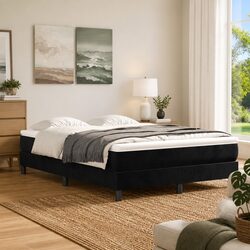 Velvet Upholstered Queen Box Spring Bed Frame in Black