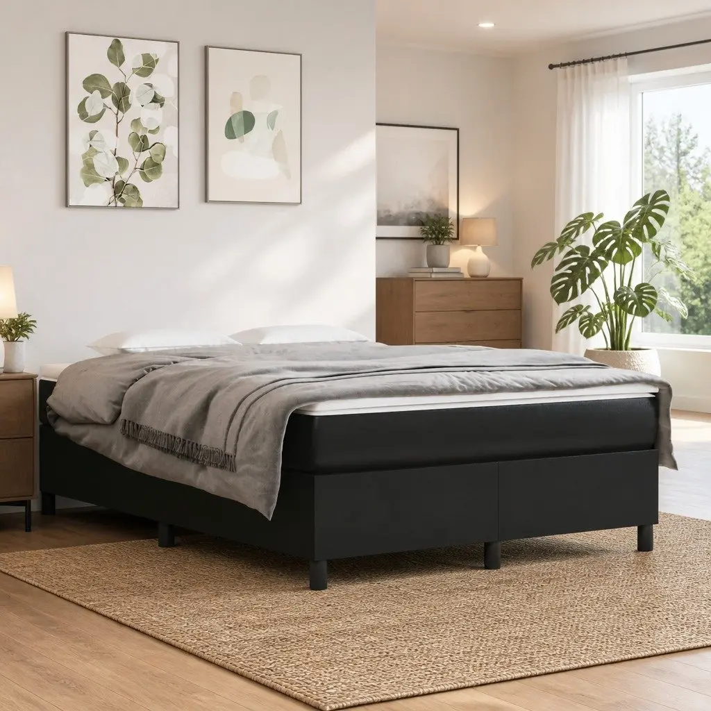 Box Spring Bed Frame Black Faux Leather Double Plywood