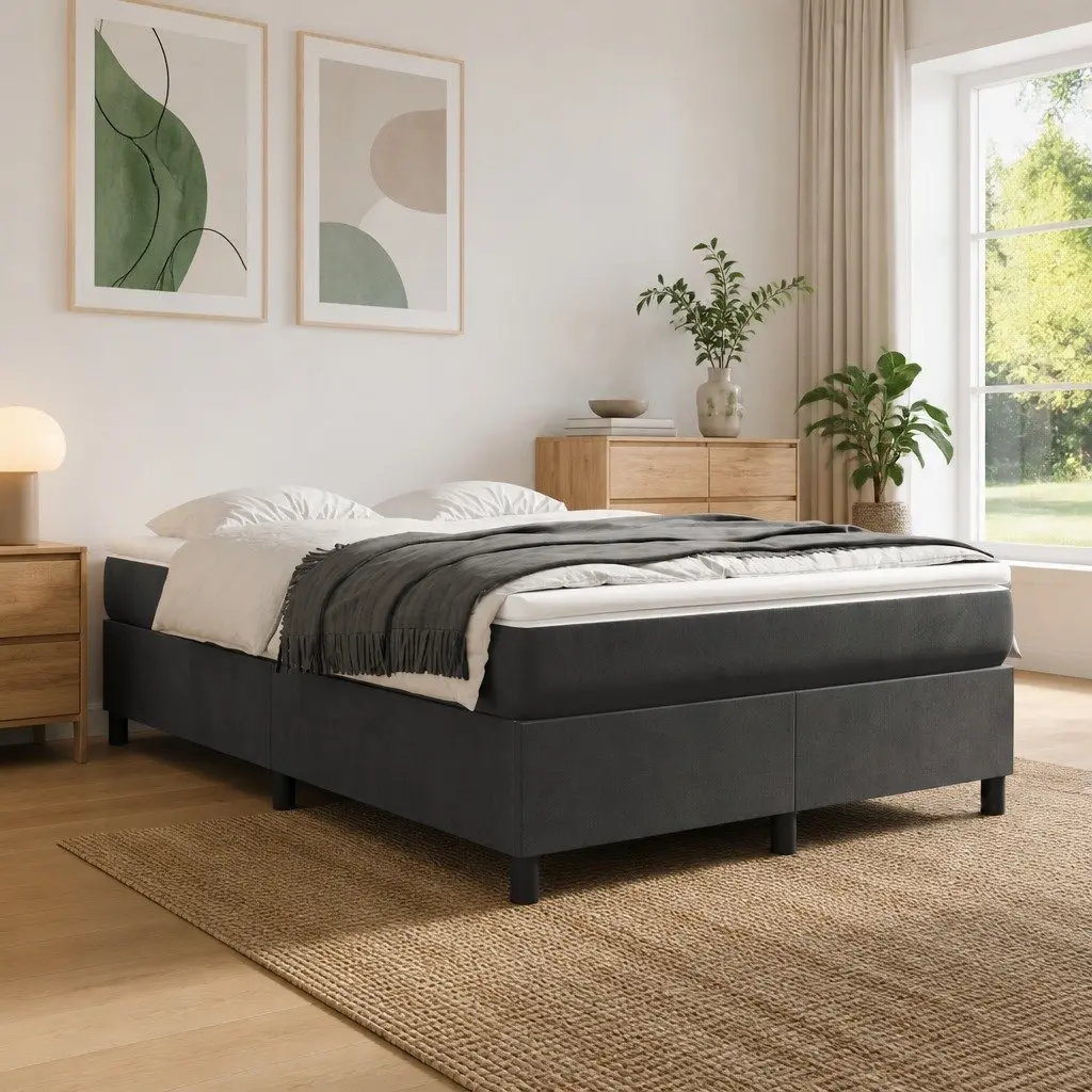 Bed Frame Queen Size Box Spring Base Dark Grey Velvet Upholstered Bedroom