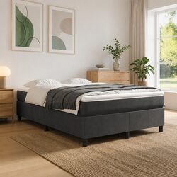 Queen Size Grey Velvet Upholstered Box Spring Bed Frame