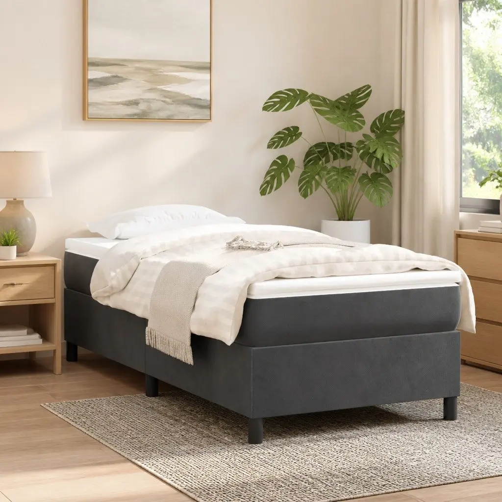 King Single Grey Velvet Upholstered Box Spring Bed Frame