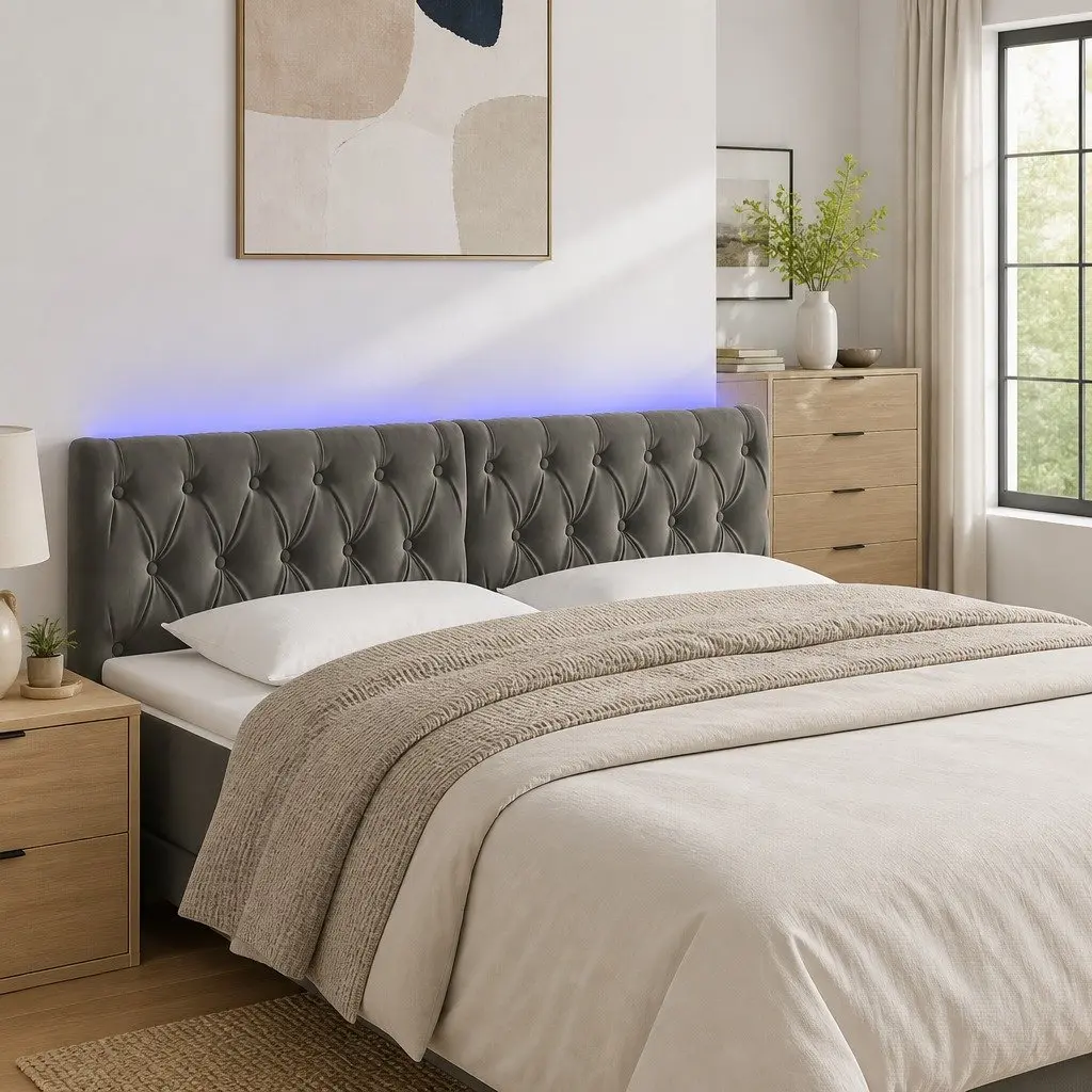 Adjustable Height Velvet LED Headboard in Grey