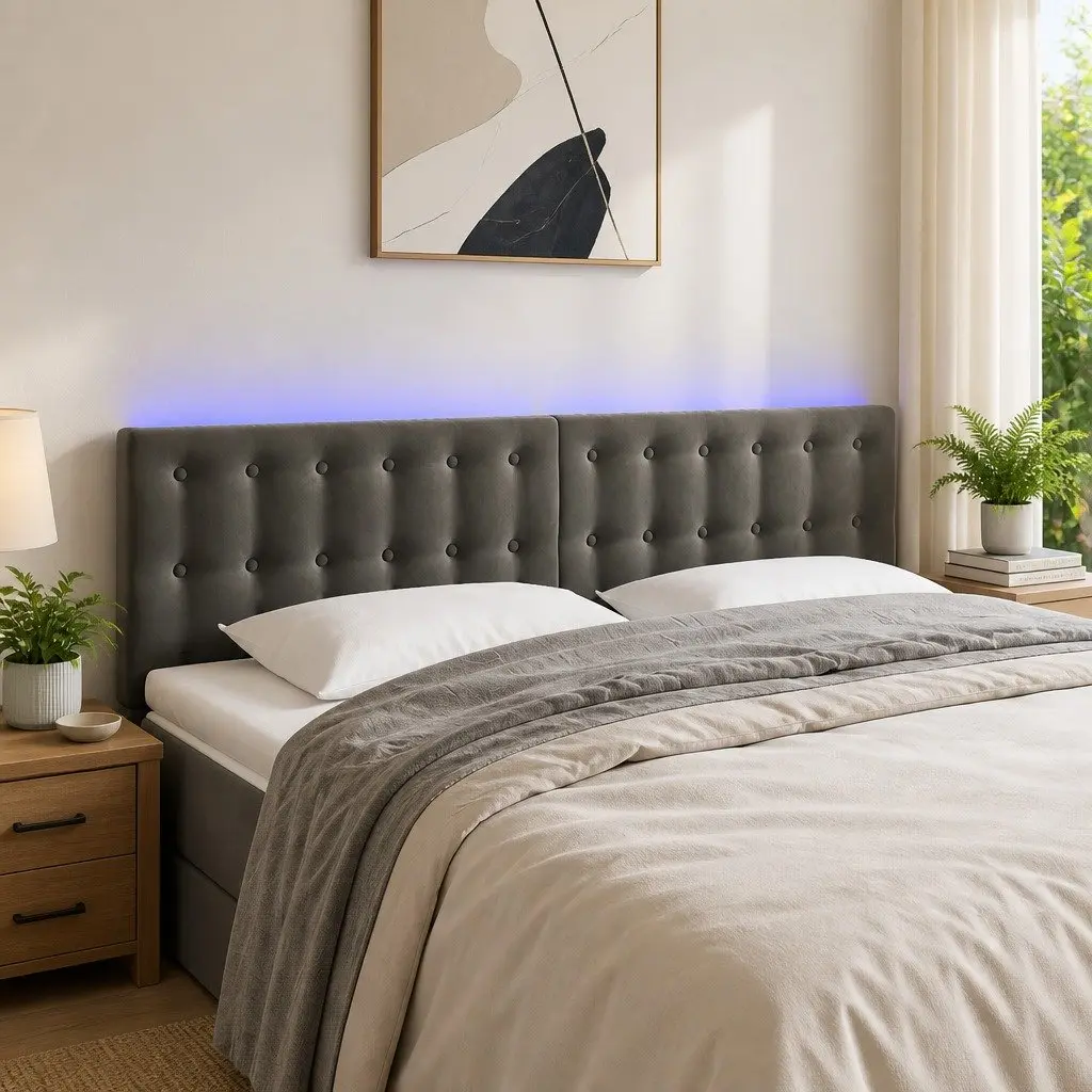 Dark Grey Velvet LED Headboard 144cm for Modern Bedrooms