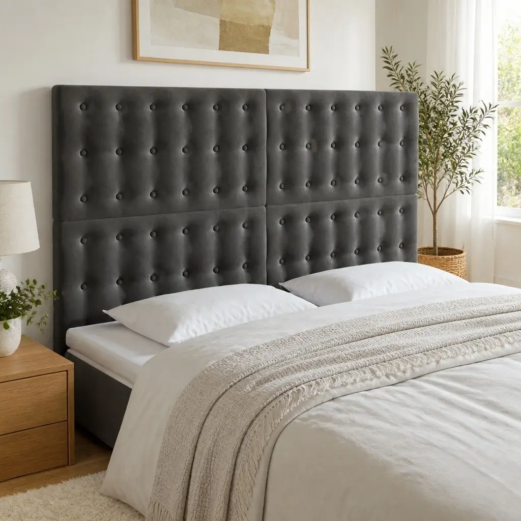 Dark Grey Velvet LED Headboard with Adjustable Height