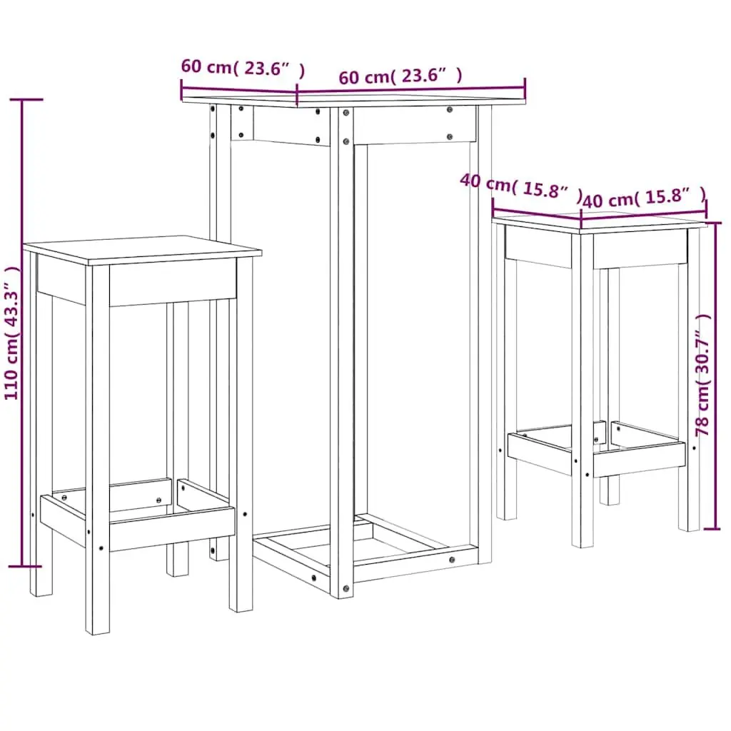 3 Piece Solid Pine Bar Set with Brown Finish