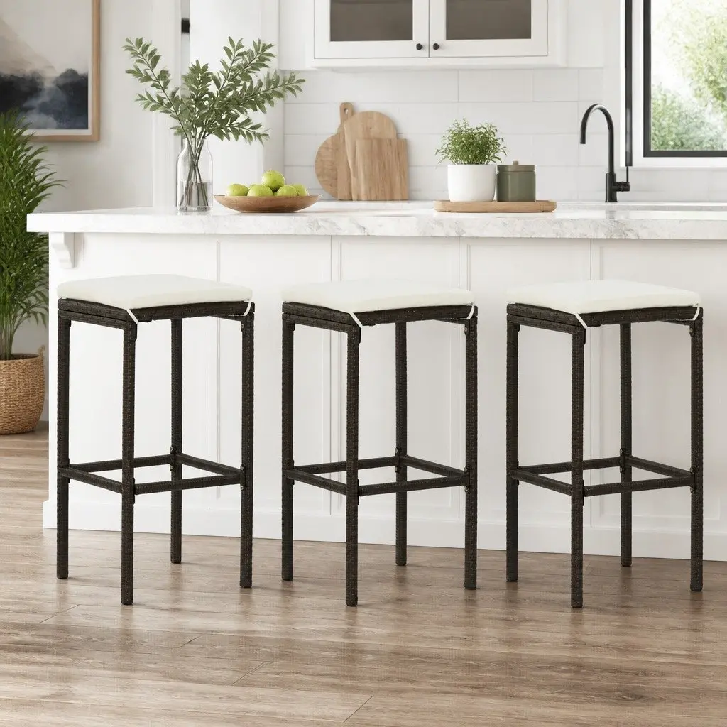 Bar Stools Cushioned 3 Piece Brown Rattan Counter Height Steel Frame