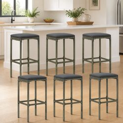 Set of 6 Grey PE Rattan Bar Stools with Cushions