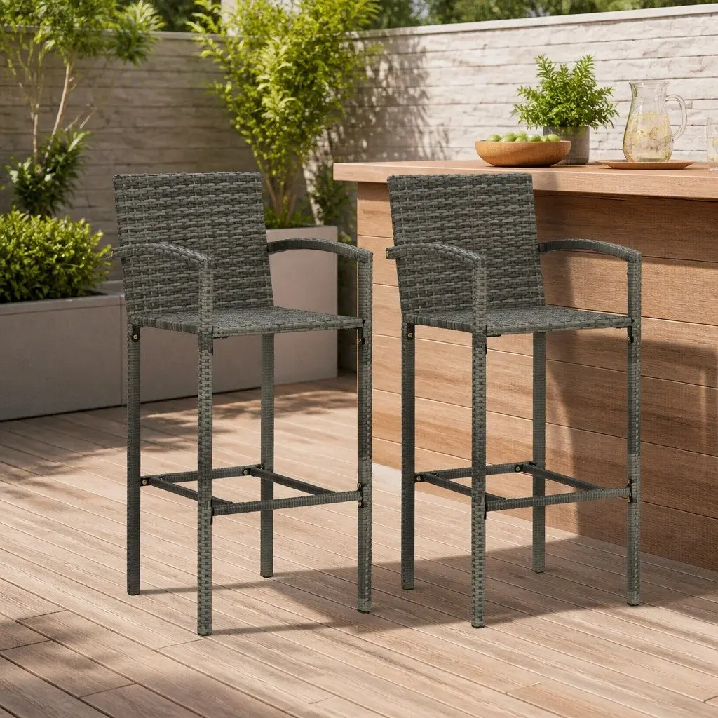 Outdoor Bar Stools Grey Rattan 2 Piece Set Powder-Coated Steel Frame