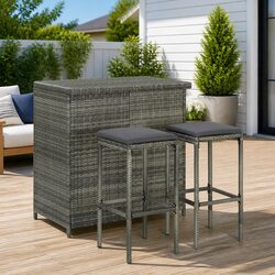 3 Piece Grey Rattan Bar Set with Cushions and Table