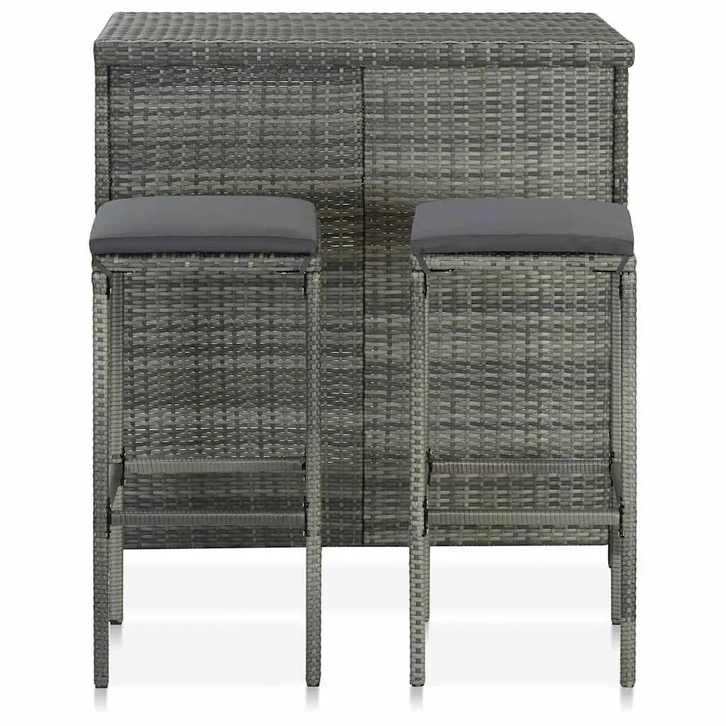 3 Piece Bar Set Grey Poly Rattan Outdoor Garden Table Stools Patio Furniture