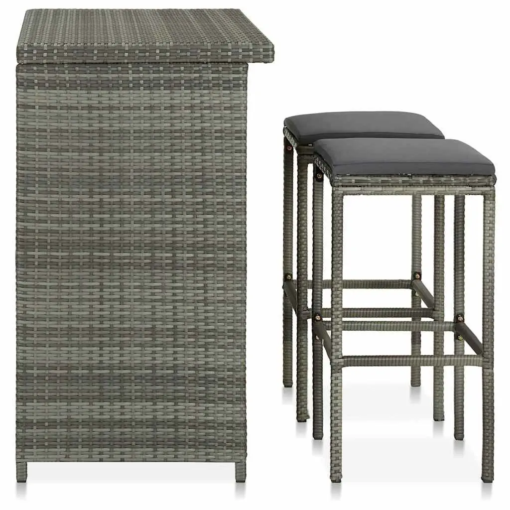 3 Piece Bar Set Grey Poly Rattan Outdoor Garden Table Stools Patio Furniture