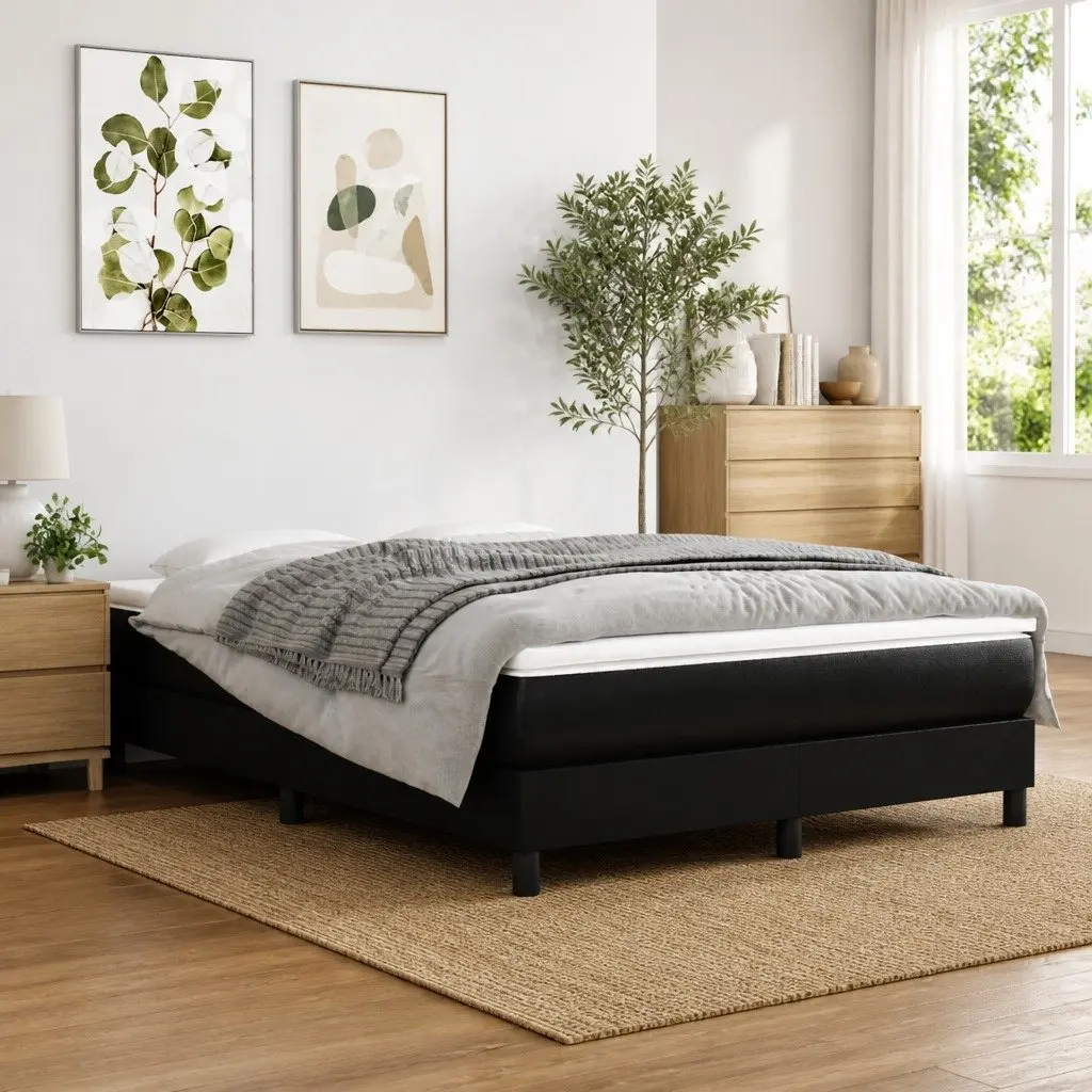 Queen Size Box Spring Bed Faux Leather Upholstered Pocket Spring Mattress Black