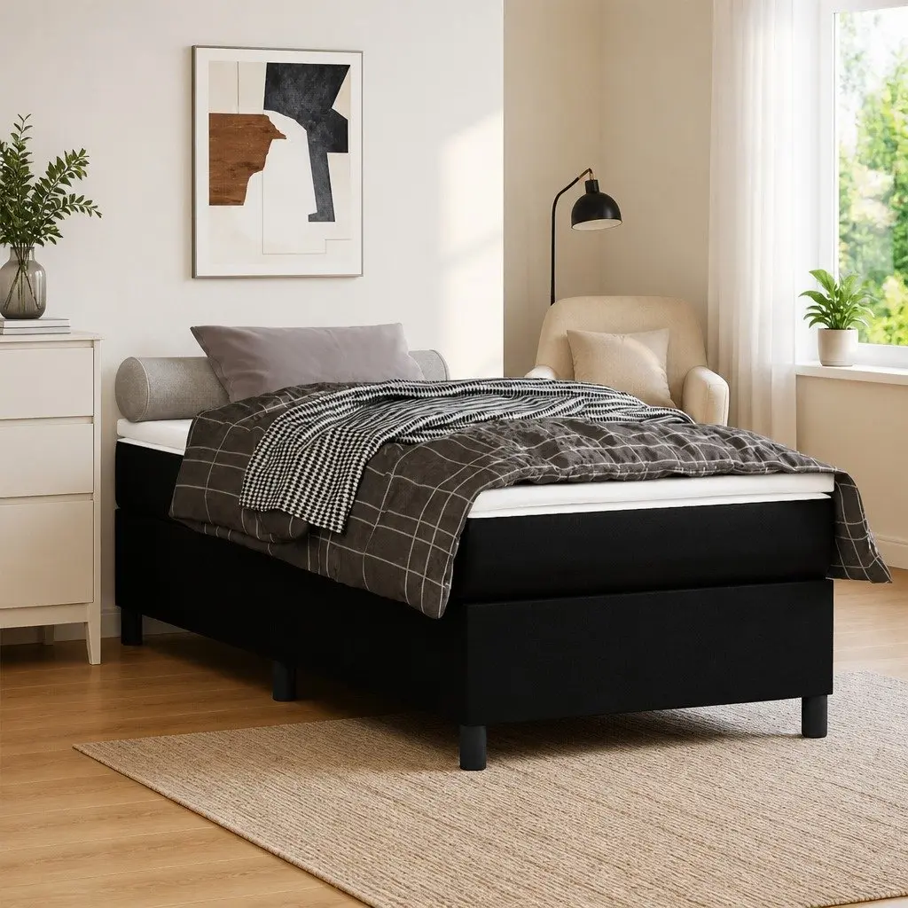 Box Spring Bed King Single Black Faux Leather 106x203cm with Pocket Spring Mattress
