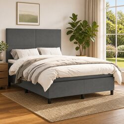 Grey Fabric Double Box Spring Bed with Pocket Spring Mattress