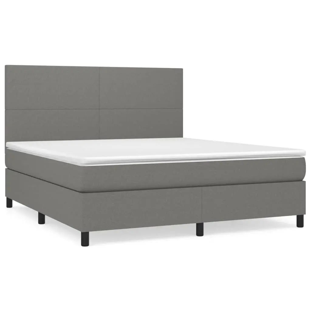 Queen Size Box Spring Bed Dark Grey Fabric Headboard Pocket Spring Mattress