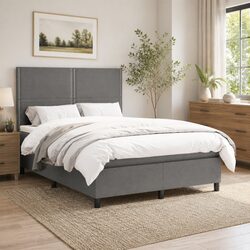 Double Box Spring Bed with Grey Fabric Headboard