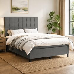 Grey Fabric Double Box Spring Bed with Pocket Mattress