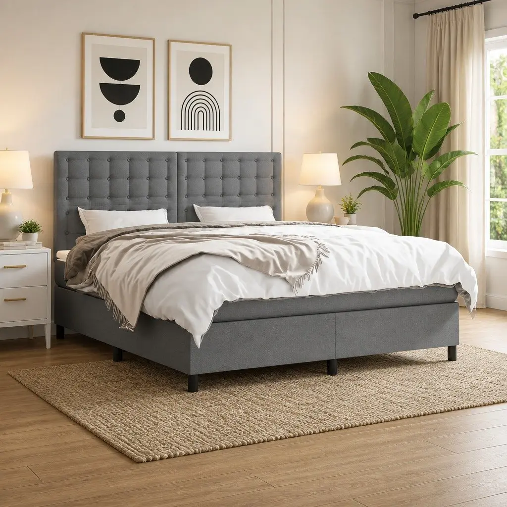 Queen Size Box Spring Bed Dark Grey 153x203 cm Fabric with Pocket Spring Mattress