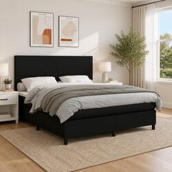 Queen Box Spring Bed with Pocket Spring Mattress in Black Faux Leather