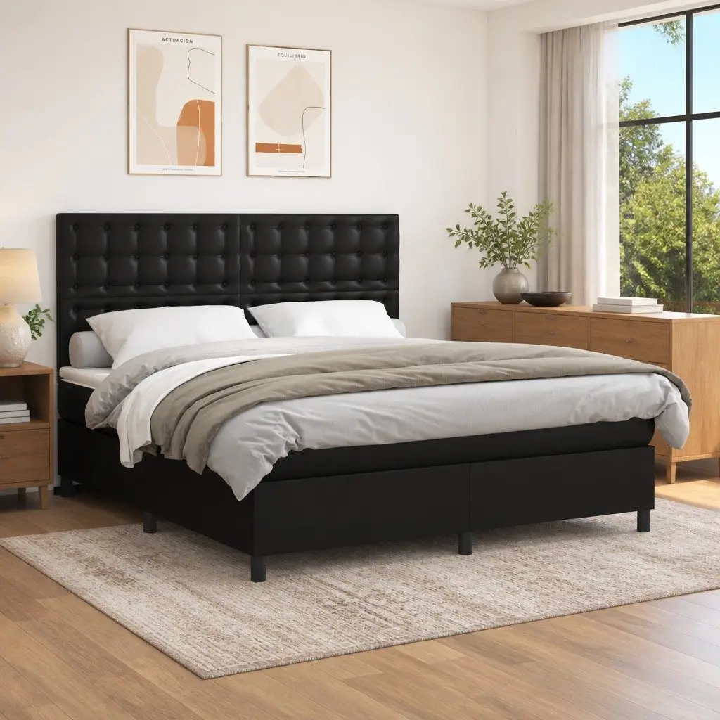 Queen Size Box Spring Bed Black Faux Leather with Pocket Spring Mattress