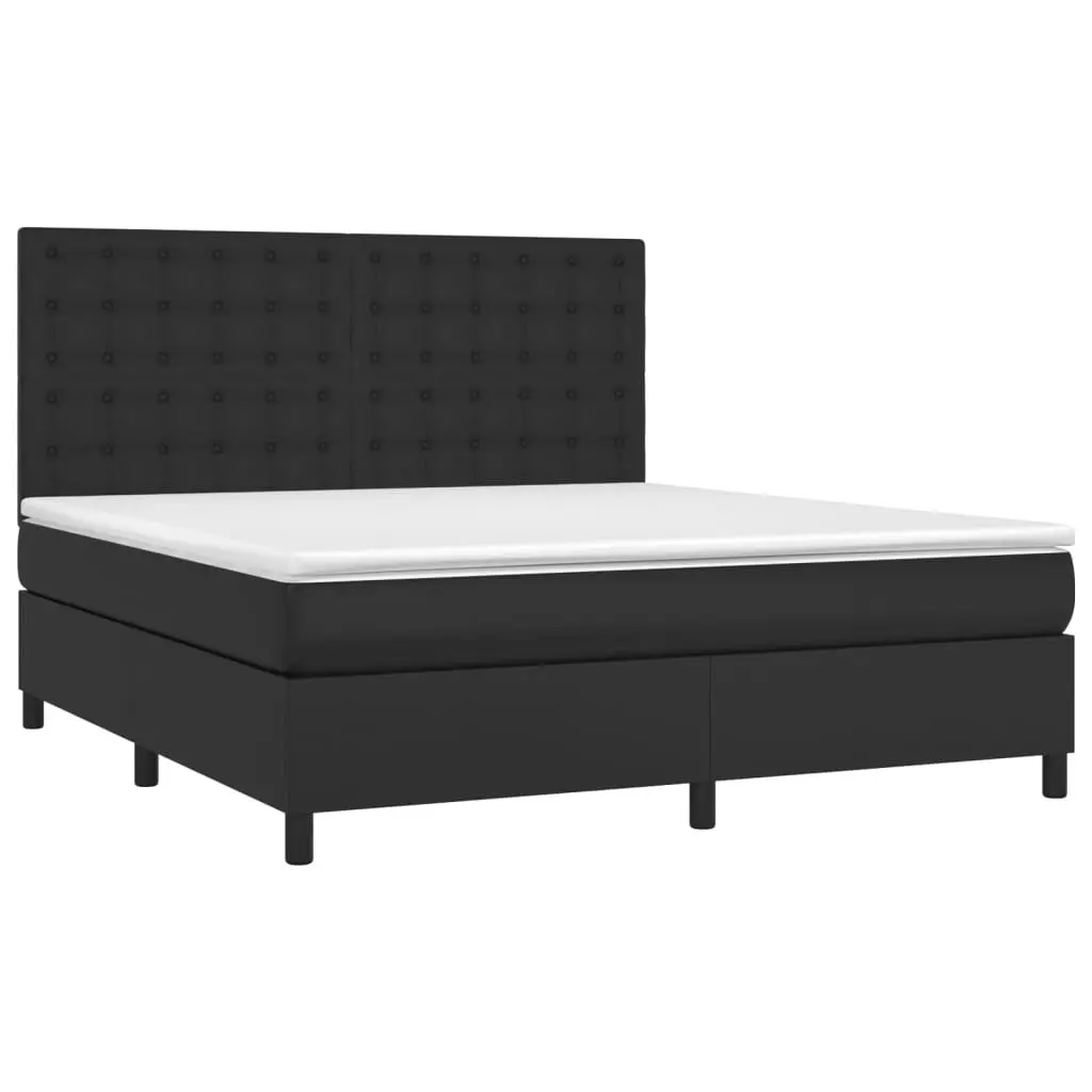 Queen Size Box Spring Bed Black Faux Leather with Pocket Spring Mattress