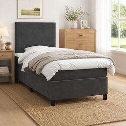 King Single Box Spring Bed with Velvet Adjustable Headboard