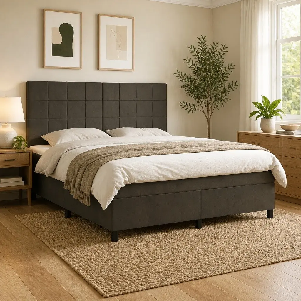 Queen Size Box Spring Bed Grey Velvet Upholstered Frame with Pocket Spring Mattress