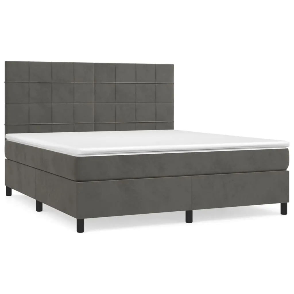 Queen Size Box Spring Bed Grey Velvet Upholstered Frame with Pocket Spring Mattress
