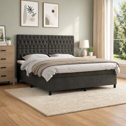 Comfortable Queen Size Box Spring Bed with Velvet Headboard