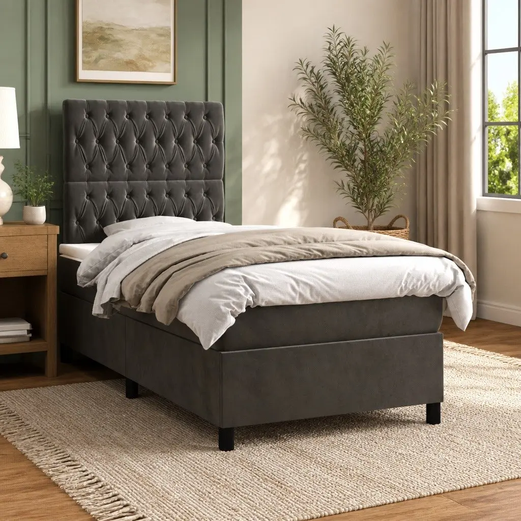 Box Spring Bed King Single Grey Velvet 106x203 cm with Pocket Spring Mattress