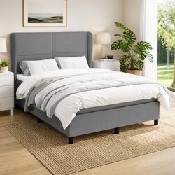 Grey Fabric Double Box Spring Bed with Pocket Spring Mattress