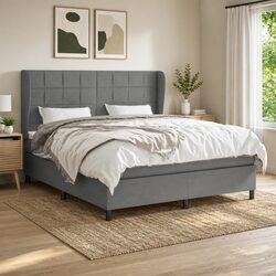 Dark Grey Fabric Queen Size Box Spring Bed with Mattress