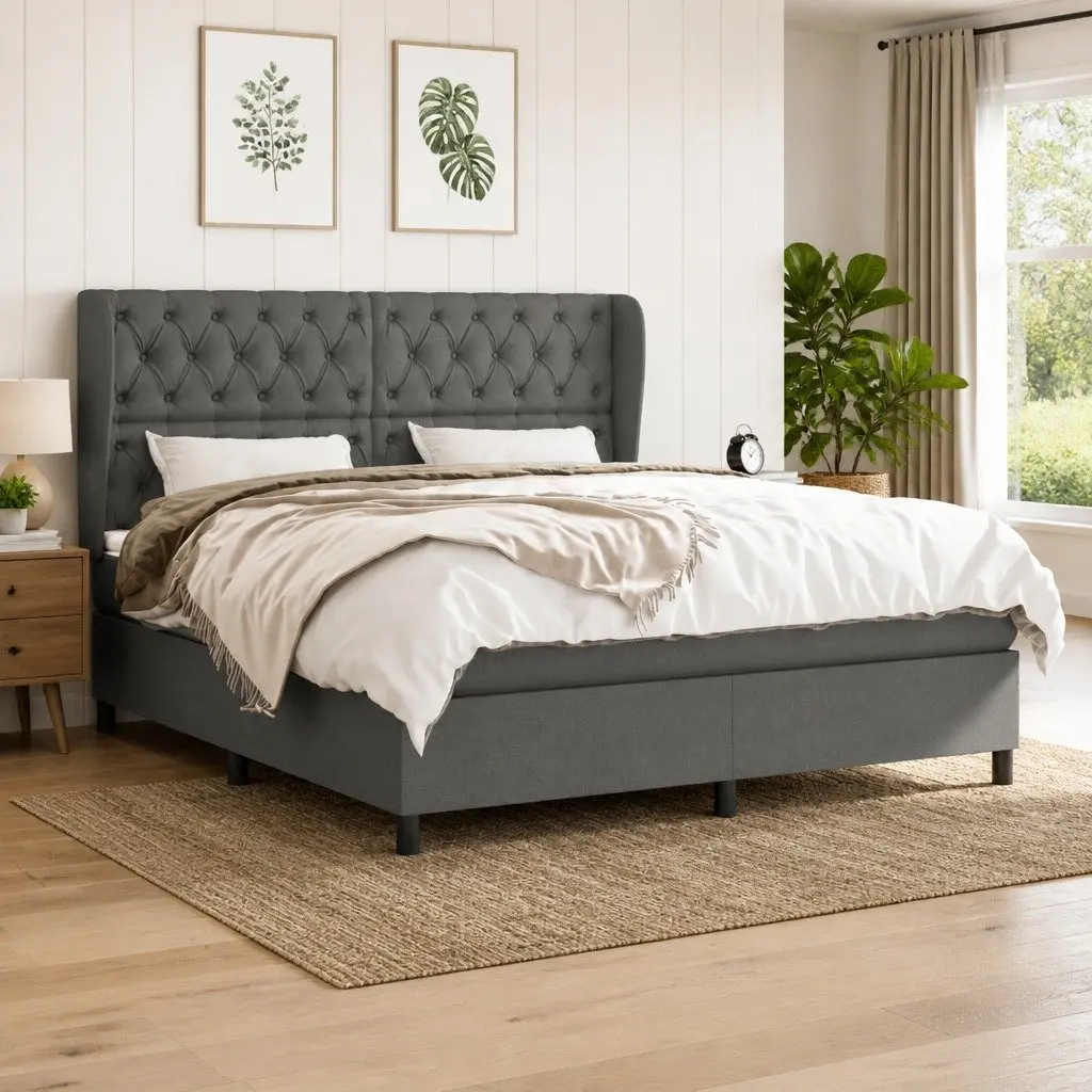 Box Spring Bed with Adjustable Headboard Queen Size Grey Fabric Pocket Spring Mattress