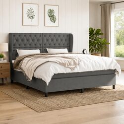 Grey Fabric Queen Size Box Spring Bed with Pocket Spring Mattress
