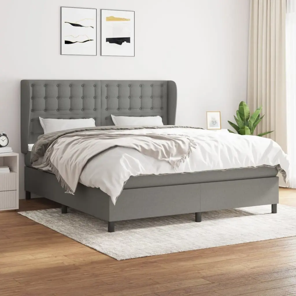 Box Spring Bed with Pocket Spring Mattress Queen Size Dark Grey Fabric Headboard