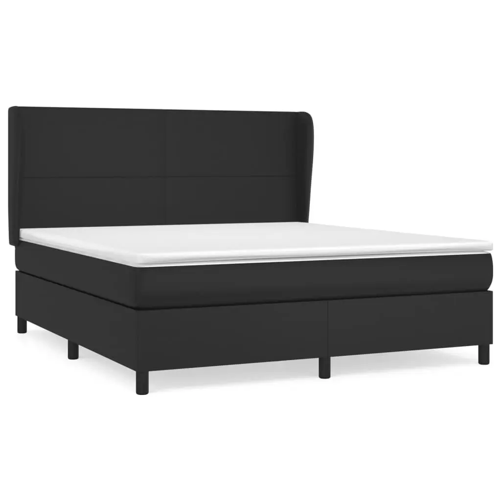 Box Spring Bed Queen Size Black Faux Leather with Pocket Spring Mattress