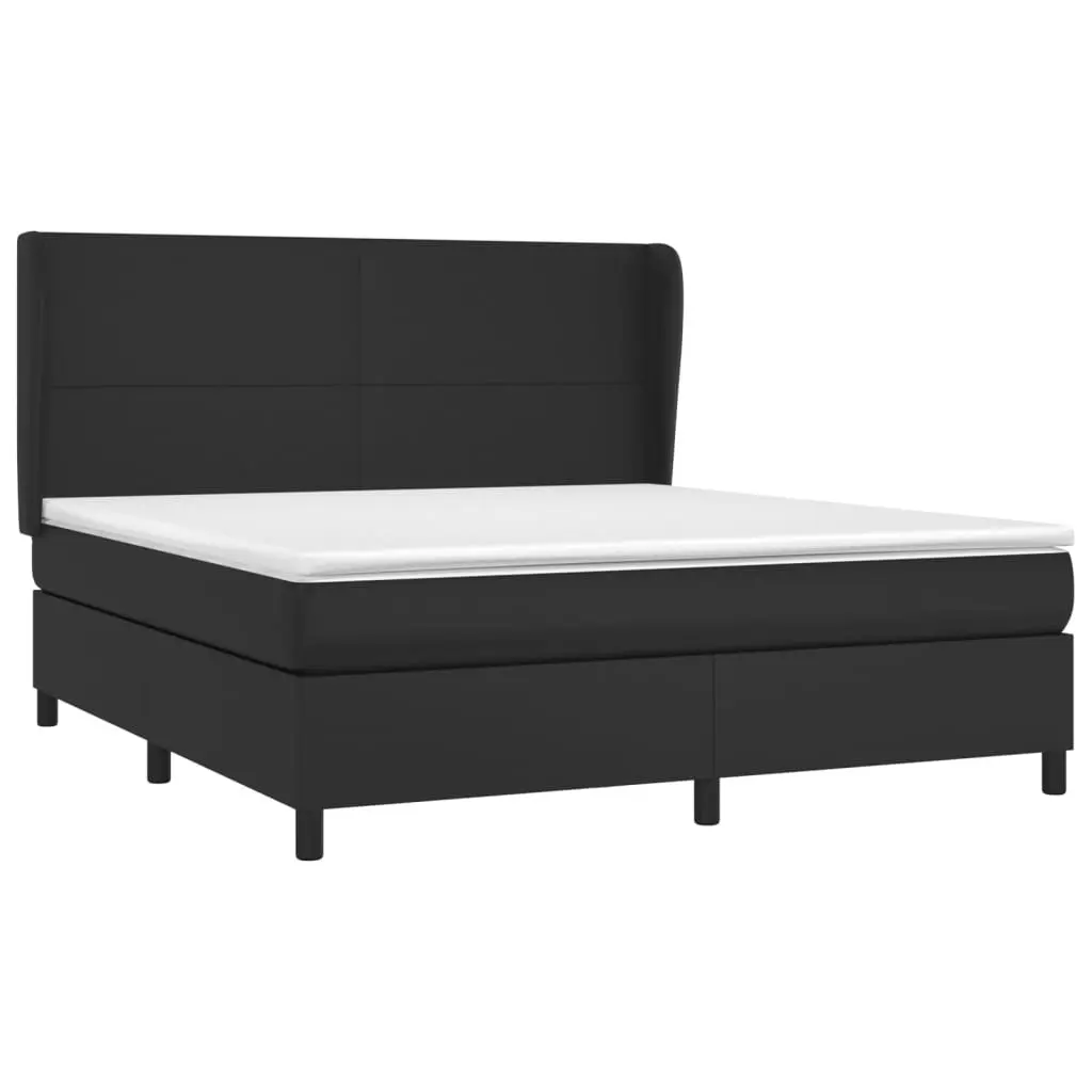 Box Spring Bed Queen Size Black Faux Leather with Pocket Spring Mattress