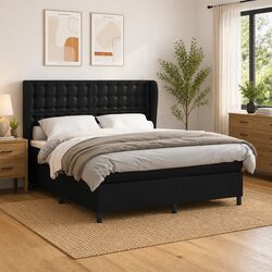 Queen Size Bed with Pocket Spring Mattress in Black Faux Leather